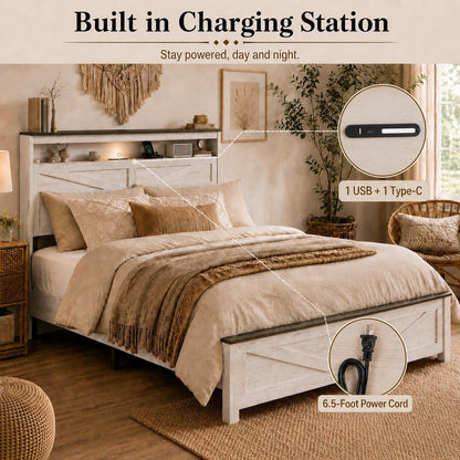 Full Size Bed Frame with LED Lights, USB Charging Station, Storage Headboard, Metal Platform, No Box Spring7