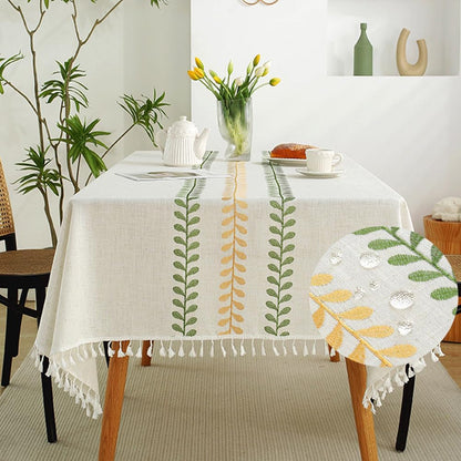 Rectangular Tablecloth, Embroidery Leaf Pattern Table Cloth Wrinkle Free Heavy Weight Cotton Linen Farmhouse Tablecloth Tassel Fabric Table Cover for Dining, Kitchen, Buffet1