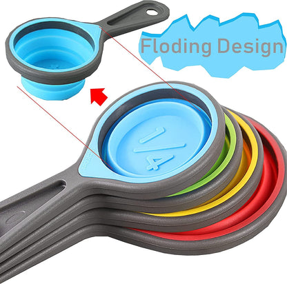 Collapsible Silicone Soft Measuring Cups and Measuring Spoons,8 Pieces Portable Food Grade Silicone Measurement Cup for Liquid & Dry Measuring Baking &Utensils & Travel Measuring Cup，Space Saver3