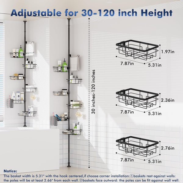 Shower Caddy Organizer Tension Pole, Corner Shower Shelves Bathroom Storage5