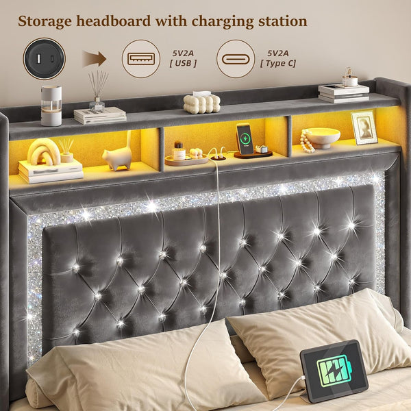 King Floating Bed Frame, Charging Station & LED Lights, Grey3