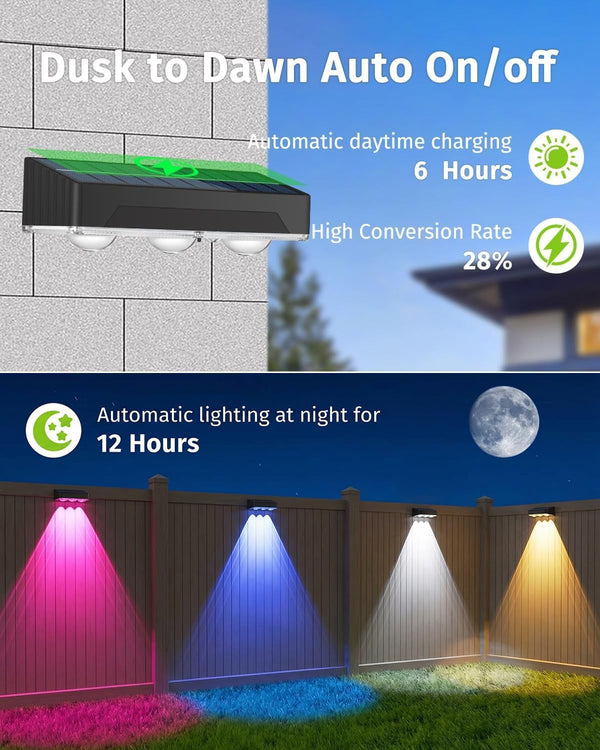 Solar Fence Lights Outdoor 8 Pack Waterproof Upgraded Brightness 3 LED Lens Solor Deck Lights Warm Cool Natural White RGB 10 Color outside Solar Powered Wall Light for Backyard Garden Patio Step Rail3