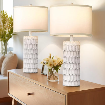 26" Modern Farmhouse Table Lamps for Living Room Set of 2, Rustic Antique Bedside Lamps for Bedroom Nightstand, Grey-White Resin Traditional Table Lamps with White Fabric Shade, Bulbs Included3