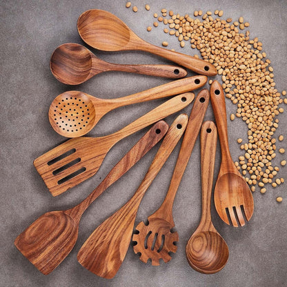 Wooden Kitchen Utensils Set, 9 PCE Natural Teak Wooden Spoons for Non-Stick Pan for Cooking,2