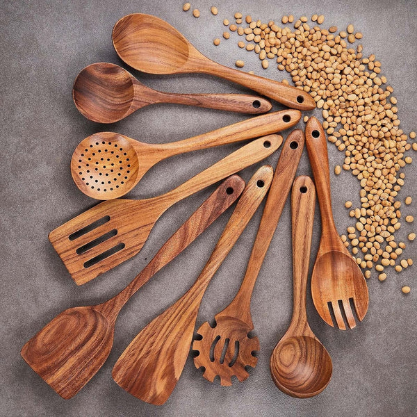 Wooden Kitchen Utensils Set, 9 PCE Natural Teak Wooden Spoons for Non-Stick Pan for Cooking,2