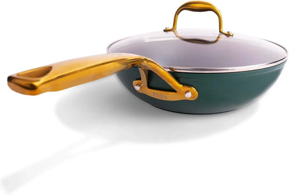 All-In-One Non-Stick Fry Pan Meets Wok with Lid, 11-Inch, Green & Gold3