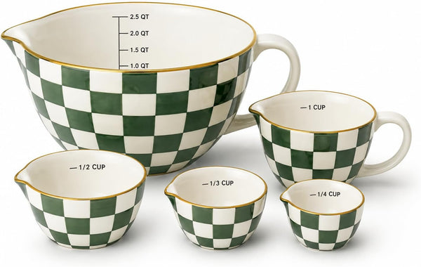 Ceramic Mixing Bowl Set with Measuring Pieces, 5-Piece Green Checkered1