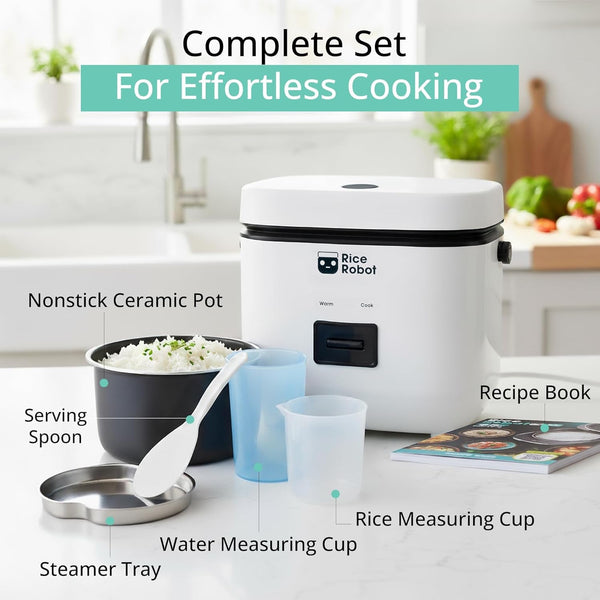 Rice Robot Personal Rice Cooker, Pfas-Free, Nonstick. 1 Quart Capacity, with Stainless Steel Steamer Tray, Measuring Cups, Recipe Book with 60 Recipes, and Serving Spoon, as Seen on TV5