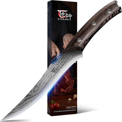 6.7 inch flexible boning knife with high carbon steel patterned blade and wooden handle