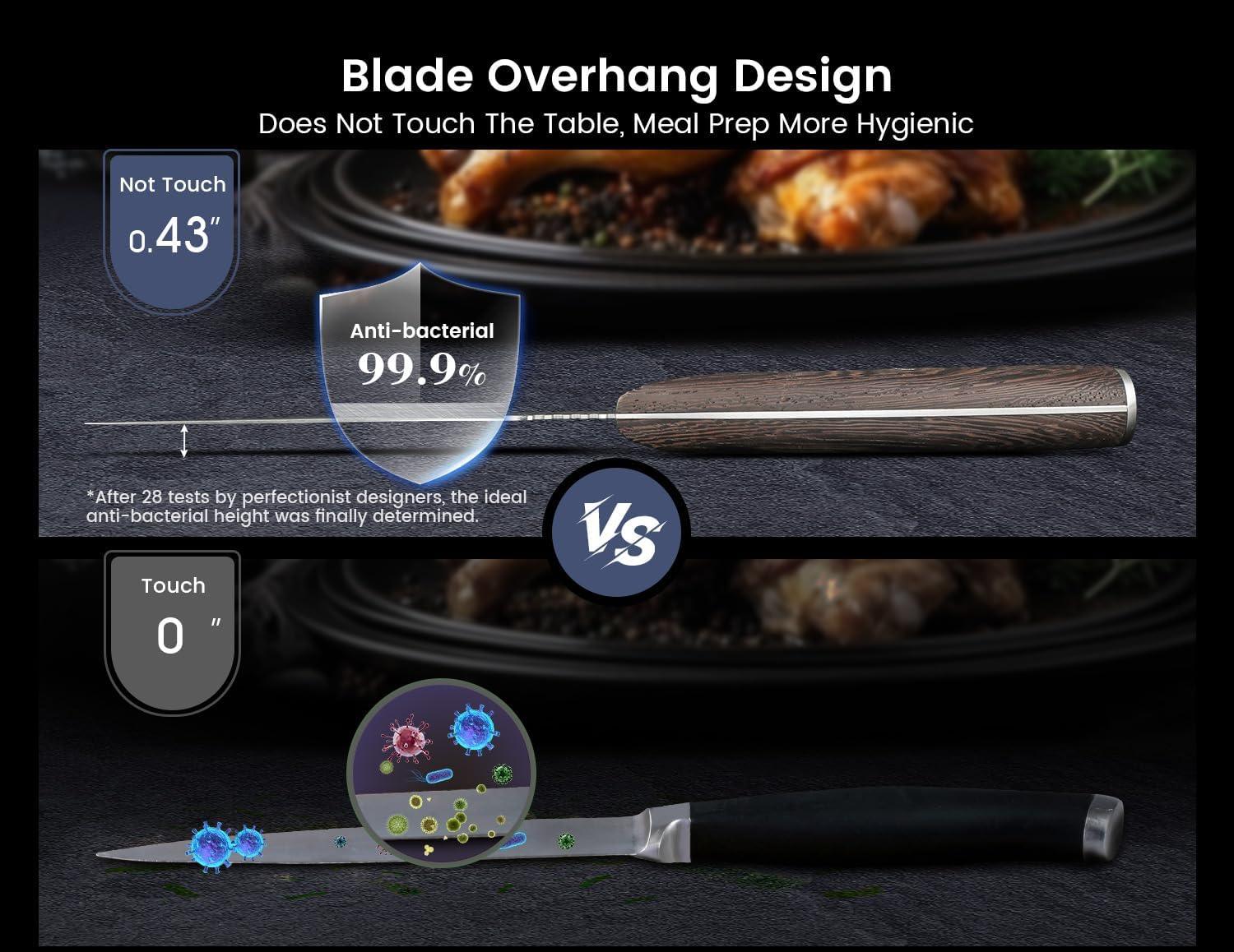 Comparison of two kitchen knives showing blade overhang design for hygiene with wooden and black handles