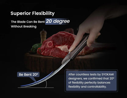 Hand bending a flexible fillet knife blade 20 degrees over raw meat on wooden board