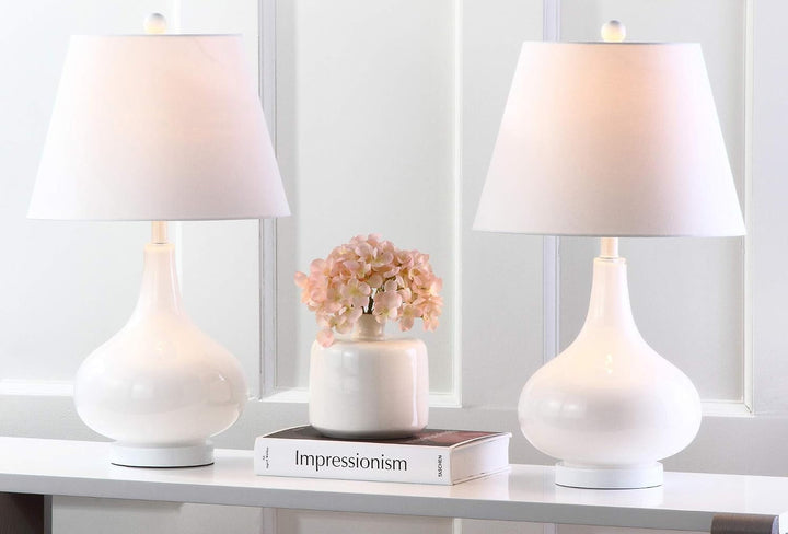 SAFAVIEH Lighting - Amy 24" White Glass Gourd Table Lamp Set of 2 with White Shades, Modern Contemporary Bedroom Living Room Lighting, LED Bulbs Included (LIT4087A-SET2)+2
