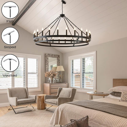 53 Inch Large Black Wagon Wheel Chandelier,Farmhouse Industrial Country Style round Pendant Light Fixture,Round Ceiling Light Fixtures for Outdoor Porch High Ceilings Living Foyer Entryway3