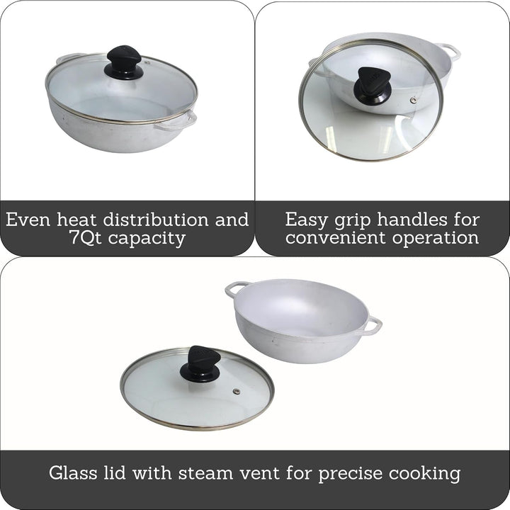 7 Qt Cast Aluminum Caldero Dutch Oven with Glass Lid | 30 Cm Diameter, Glass Lid with Riveted Handles, Heavy Bottom, Oven Safe, Rice Pot for Stews, Soups and Beans, Polished Finish+2