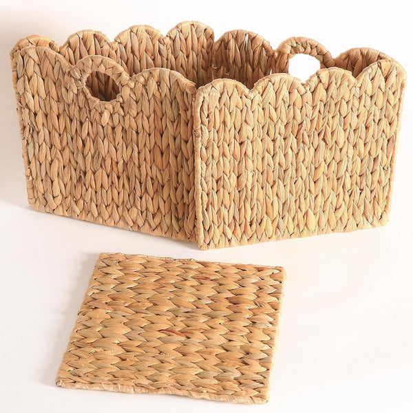 Scalloped Wicker Storage Cubes Basket, 12”X12“ Heavy Duty Paper Rope/Hyacinth/Seagrass Baskets for Shelves, Foldable Natural Boho Square Bins (Water Hyacinth&10.5 X 10.5 X 10.5In&4-Pack)7