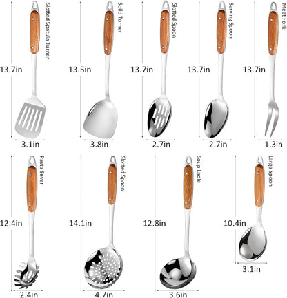 304 Stainless Steel Cooking Utensils Set,9Pcs Metal Kitchen Utensils Set with Wooden Handle,Solid Spoon,Spatula,Ladle,Skimmer Spoon,Spaghetti Spoon,Dishwasher Safe2