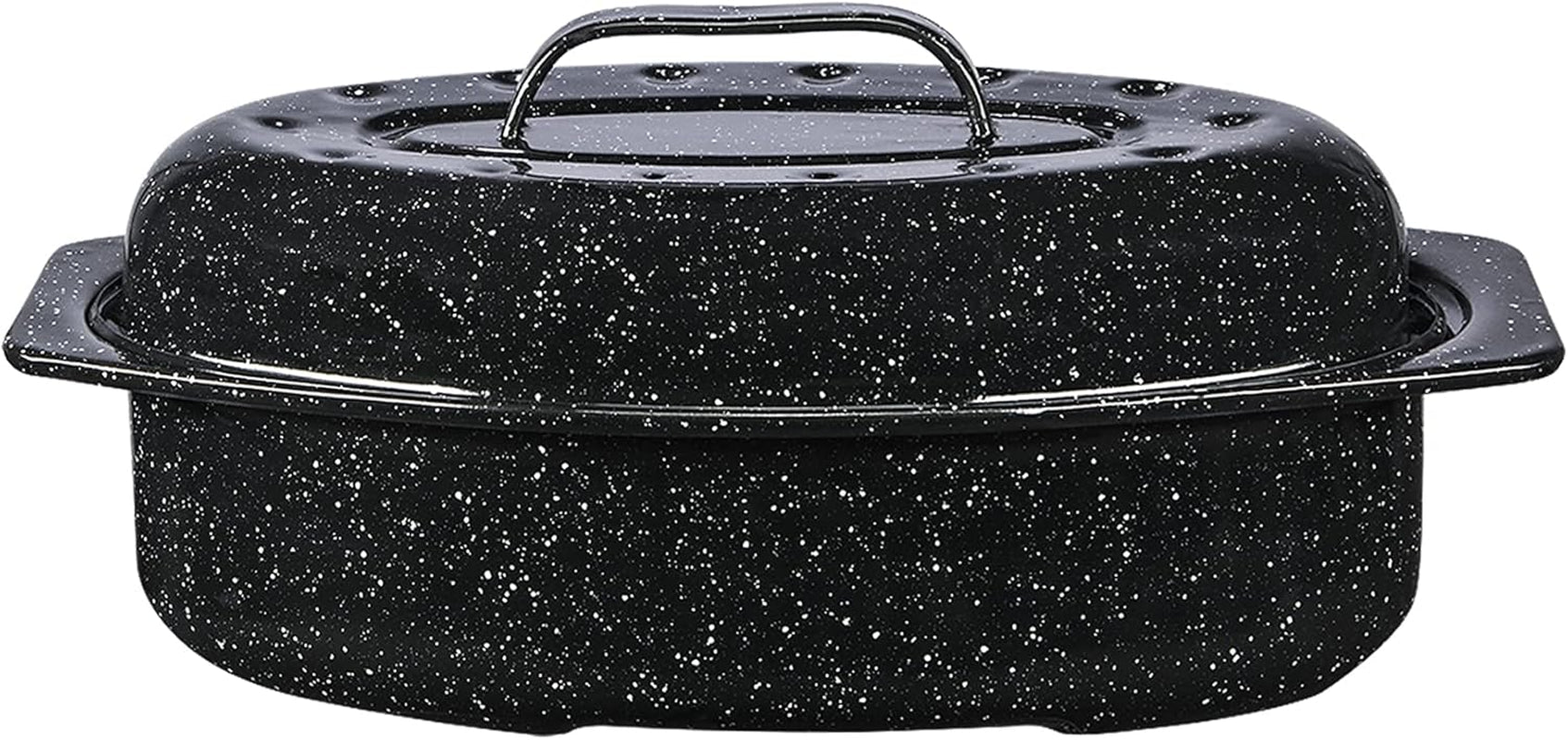 13-oval-roaster-with-lid-enameled-steel-oven-safe-to-932-f-ideal-for-roasting-baking-sourdough-bread-self-basting-cover-dishwasher-safe-7-lb-capacity-oval-roaster-capacity-roasts-up-to-7-lb-poultry-or-meat-covered-cooking-for-larger-meals-speckled-black-steel-construction