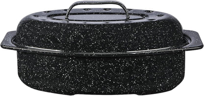 13" Oval Roaster with Lid – Enameled Steel, Oven Safe to 932°F – Ideal for Roasting, Baking & Sourdough Bread – Self-Basting Cover, Dishwasher Safe, 7 Lb Capacity | Oval Roaster Capacity, Roasts up to 7 Lb Poultry or Meat, Covered Cooking for Larger Meals, Speckled Black Steel Construction1