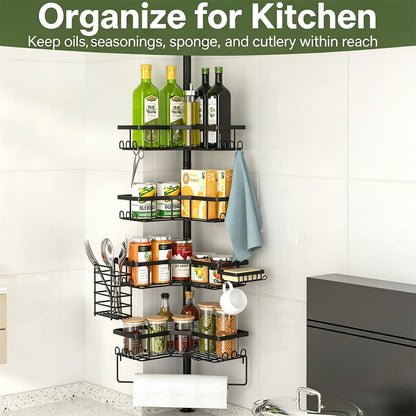 Shower Caddy Tension Pole, Adjustable 43.5‑120 Inch Corner Shower Organizer, No‑Drill Rustproof Stable 4‑Tier Bathroom Storage Shelves, Built‑In Towel Rack, Toothbrush Holder & Soap Dish3