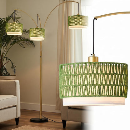 3-Light Arc Rattan Floor Lamp for Living Room,80'' Gold Boho Lamp | Heavy Natural Marble Base, 1/2/3-Light Rotary Switch,Double-Layer Green Wicker/Fabric Shades for Coastal Style,8 Ft+ Ceilings1