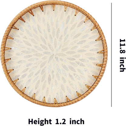 round Rattan Tray with Mother of Pearl Inlay, Rattan Serving Tray with Wooden Base, Decorative Wicker Basket for Table Decor, Storage and Display of Coffee Bread Food Fruit (Leaf 2)6