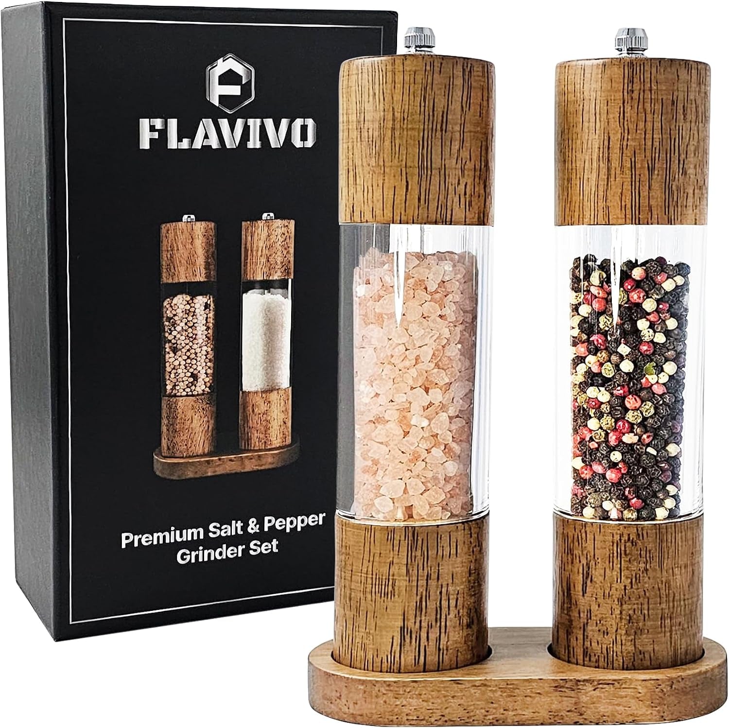 wooden-salt-and-pepper-grinder-set-manual-premium-acrylic-salt-and-pepper-mills-with-adjustable-ceramic-core-and-wooden-stand-8-inch-refillable-giftable-shakers-2-pieces-with-tray