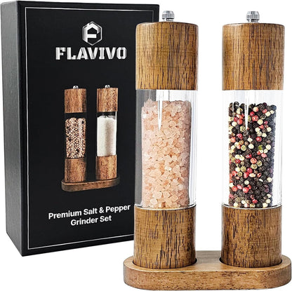 Wooden Salt and Pepper Grinder Set, Manual Premium Acrylic Salt and Pepper Mills with Adjustable Ceramic Core and Wooden Stand, 8-Inch Refillable Giftable Shakers (2 Pieces with Tray)1