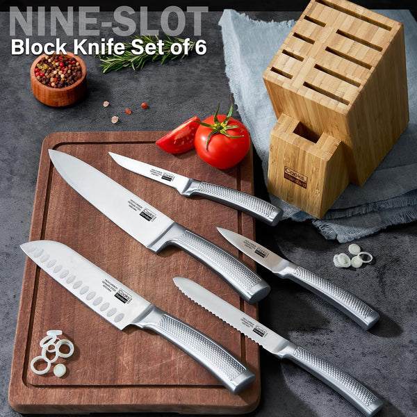 Classic Bamboo Kitchen Cutlery Block Set with Knifes, Stainless Steel Forge High Carbon German Blade with Expandable Bamboo Storage Block for Extra Slots, 6-Piece5
