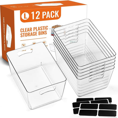 12 PACK LARGE Clear Storage Bins with Handles & Labels, Multiuse Plastic Pantry Organizer Bins for Home Kitchen, Fridge, Freezer, Cabinet, Closet, Bathroom, Shelf, Laundry, RV, under Sink Organization9