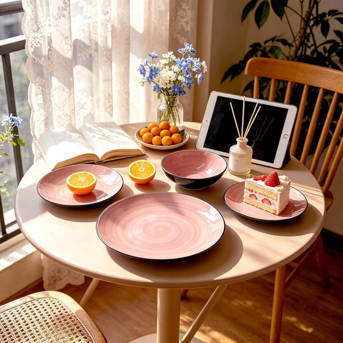 stoneware-dinnerware-set-sonoma-12-piece-service-for-4-black-speckled-pink-spinwash-plates-and-bowls-microwave-dishwasher-safe-pink