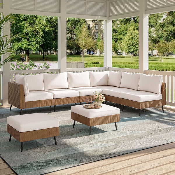 Outdoor Patio Furniture, 8 Piece Outdoor Sectional Sofa PE Rattan Wicker Patio Conversation Sets,All Weather Patio Furniture Set with Thick Cushions for Garden, Poolside, Backyard(Beige)5