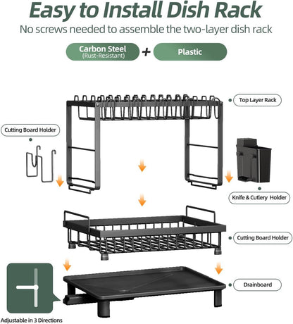 2-Tier Dish Drying Rack for Kitchen Counter, Space-Saving, Black6