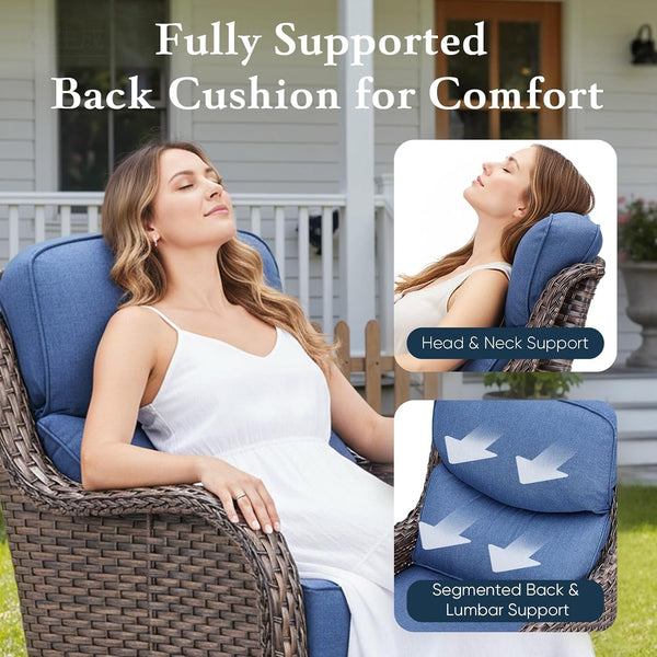 Luxury 6" Thick Cushioned 5 Pieces Patio Furniture Set with Fire Pit Table, Wicker Outdoor Conversation Set with High Back Swivel Rocker Chairs for Deck Porch Yard and Poolside - Brown+Blue7