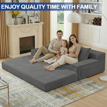 2 in 1 Convertible Boneless Couch Bed, Corduroy Futon Sofa Bed, Compression Folding Floor Couch Sofas Bed with 3 Pillows for Bedroom, Small Space Guest and Living Room Sofa (Grey, 78 Inches)4