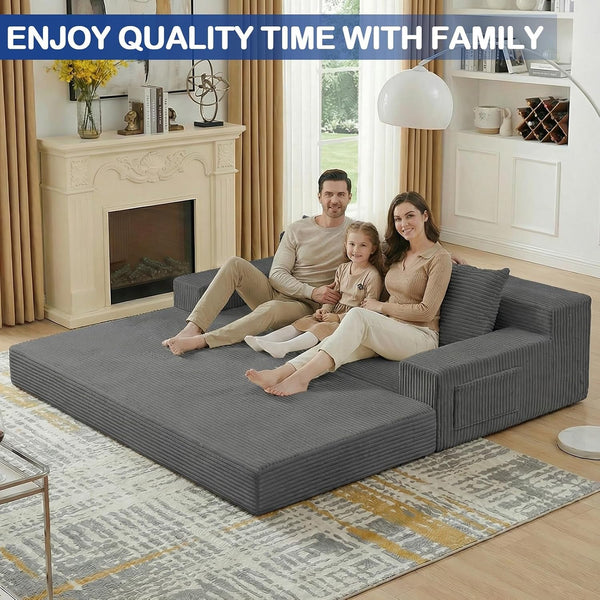 2 in 1 Convertible Boneless Couch Bed, Corduroy Futon Sofa Bed, Compression Folding Floor Couch Sofas Bed with 3 Pillows for Bedroom, Small Space Guest and Living Room Sofa (Grey, 78 Inches)4