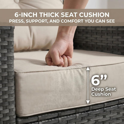 3-Piece Outdoor Patio Furniture Set, Grey Wicker Conversation Set with 2 High-Back Chairs and Side Table, 6-Inch Beige Olefin Cushions for Porch, Deck, Balcony7