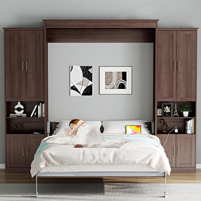Queen Murphy Bed with 2 Side Cabinets, USB Port, Shelves, Walnut1