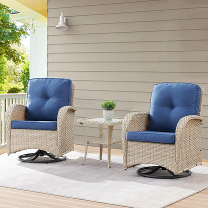 Patio Wicker Chairs Swivel Rocker - Outdoor Swivel Rocking Chairs Set of 2 with Rattan Side Table,3 Piece Patio Swivel Glider Chair Furniture Sets for Patio Porch Pool Light Beige/Blue1