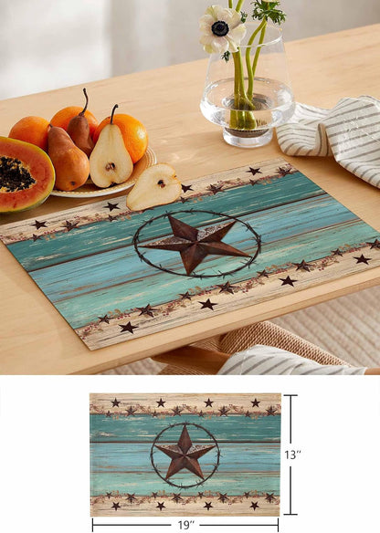 Western Texas Star Placemats Set of 6 Retro Turquoise Wooden Rustic Farmhouse 13X19 Inch Washable Non Slip Linen Table Mats, Rustic Summer Placemats for Dining Table Party Kitchen Decor6