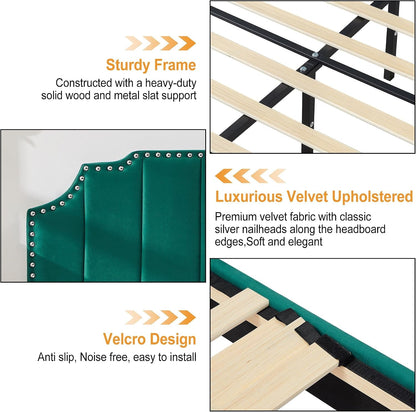 Full Size Velvet Upholstered Platform Bed Frame with Nailhead Trim,Tufted Height Adjustable Headboard,Full Bed with Wooden Slats/Mattress Foundatio/No Box Spring Needed/Under Bed Storage8