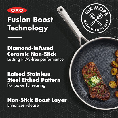 OXO Hybrid 8” and 10” Frying Pan Skillet Set, Durable Pfas-Free Ceramic, Fusion Boost Tech for Powerful Searing, Induction & All Cooktop Compatible, Dishwasher Safe, Mirror Polished Tri-Ply3