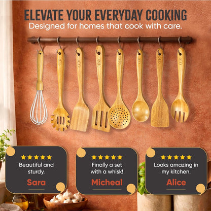 Wooden Utensil Set 10 Pcs + Hooks - Natural Teak Wood Cooking Spoons - Heat & Scratch Resistant Cooking Utensils with Spoon Rest & Hanging Hooks7