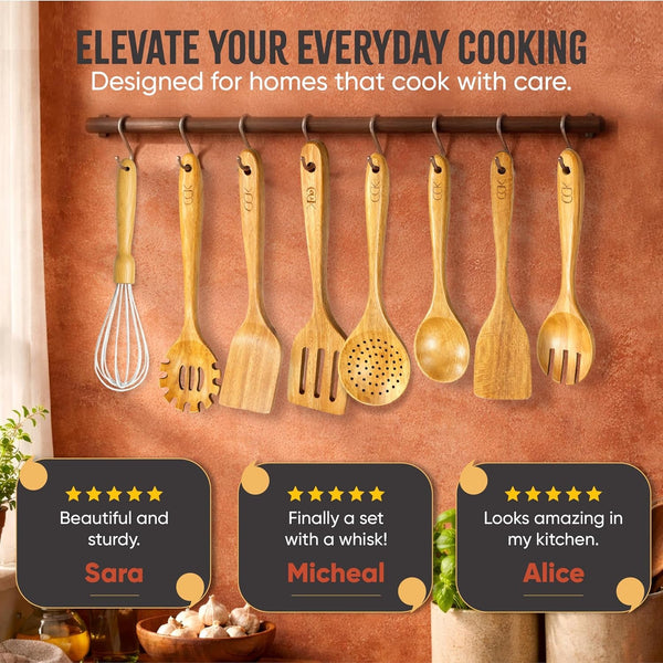 Wooden Utensil Set 10 Pcs + Hooks - Natural Teak Wood Cooking Spoons - Heat & Scratch Resistant Cooking Utensils with Spoon Rest & Hanging Hooks7