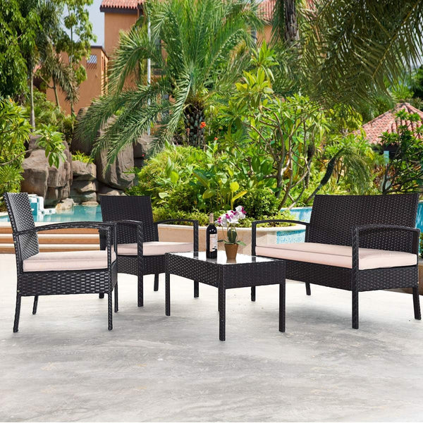 8 PCS Patio Rattan Conversation Furniture Set Cushioned Seat Glass Tabletop4