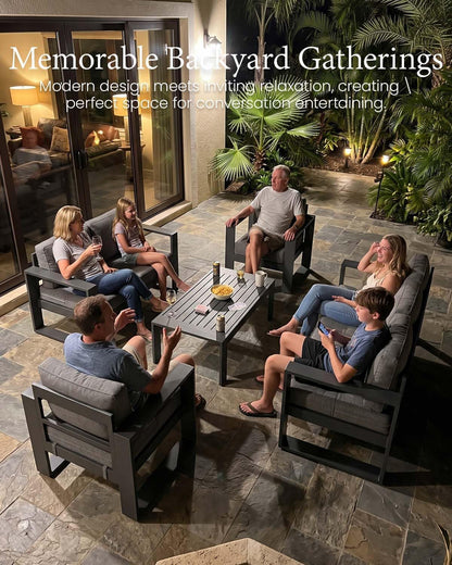 5 Pieces Aluminum Outdoor Patio Furniture Set, Metal Modern Conversation Sofa Set with Fire Pit Table and Washable Thick Cushions for Porch, Backyard, Deck2