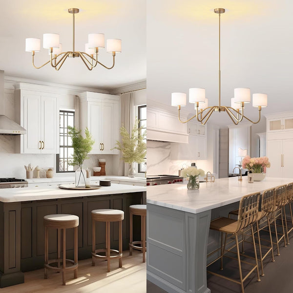 Modern Gold 6-Lights Chandelier, 39" Pendant Light with White Fabric Shade Adjustable Classic Chandelier Light Fixtures for Kitchen Island Dining & Living Room Entryway7