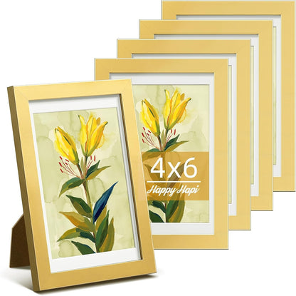 4X6 Picture Frame Set of 5, Display Photo 3.5X5 with Mat or 4X6 Without, Gallery Wall Frame Set, Wall or Tabletop Display (Gold)1