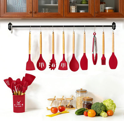 Silicone Kitchen Utensil Set, 12-Piece Cooking Spatula Set with Natural Beech Wood Handles, Non-Stick, Heat Resistant (Red)7