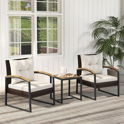 3 Piece Patio Conversation Set, Includes 2 Rattan Chairs and Coffee Table, Solid Acacia Wood Armrests & Tabletop, Outdoor Cushioned Wicker Furniture Set for Backyard, Poolside, Lawn, Garden2