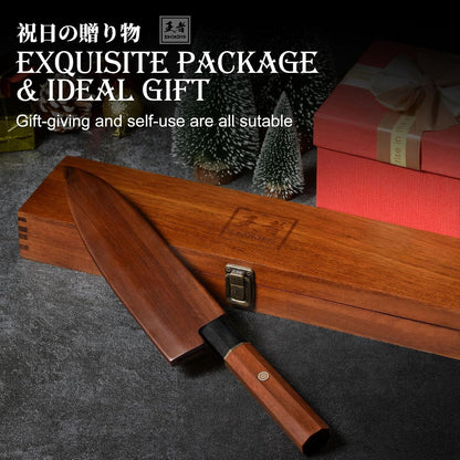 Japanese Santoku Knife, 7 Inch Chef Knife 5 Layer 9CR18MOV Clad Steel for Meat Cutting, Super Sharp Kitchen Cooking Knife with Ebony Bolster African Rosewood Handle -Wooden Box3